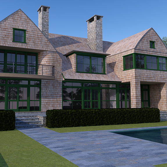 Rendering of Shelter Island shingle style home and pool.